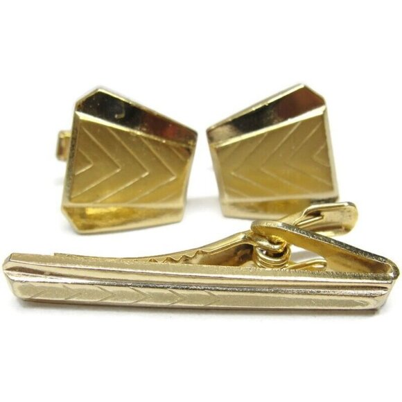 Asymmetrical Cufflinks Tie Clip Set Gold Tone Wedding Tux Vintage - Picture 16 of 16